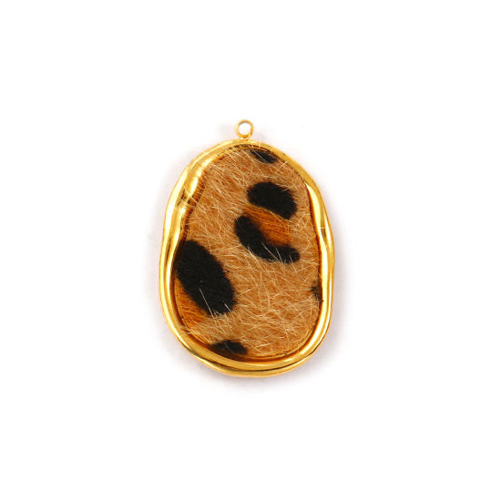 Immagine di 1 Pz Placcatura Sottovuoto PVD Ecologica Acciaio Inossidabile & Similpelle Ciondoli Pendenti 18K Vero Oro Placcato Marrone Chiaro Irregolare Leopardo 3.2cm x 2.2cm