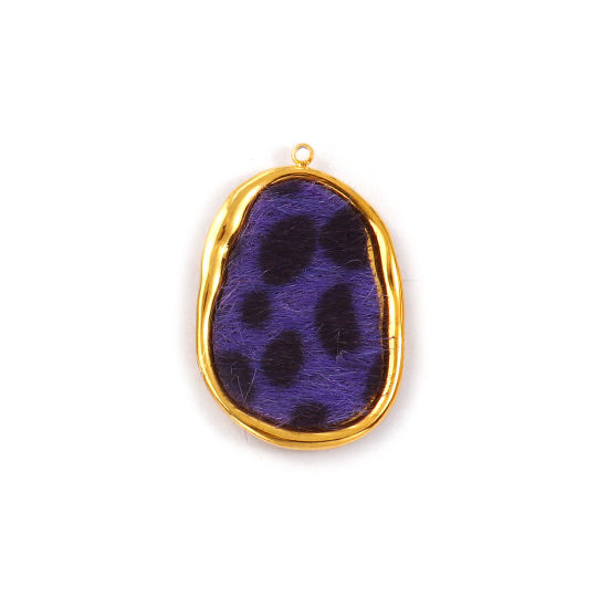 Immagine di 1 Pz Placcatura Sottovuoto PVD Ecologica Acciaio Inossidabile & Similpelle Ciondoli Pendenti 18K Vero Oro Placcato Colore Viola Irregolare Leopardo 3.2cm x 2.2cm