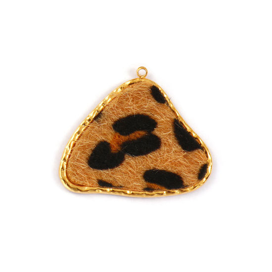Immagine di 1 Pz Placcatura Sottovuoto PVD Ecologica Acciaio Inossidabile & Similpelle Ciondoli Pendenti 18K Vero Oro Placcato Marrone Chiaro Triangolo Leopardo 3.9cm x 3.3cm