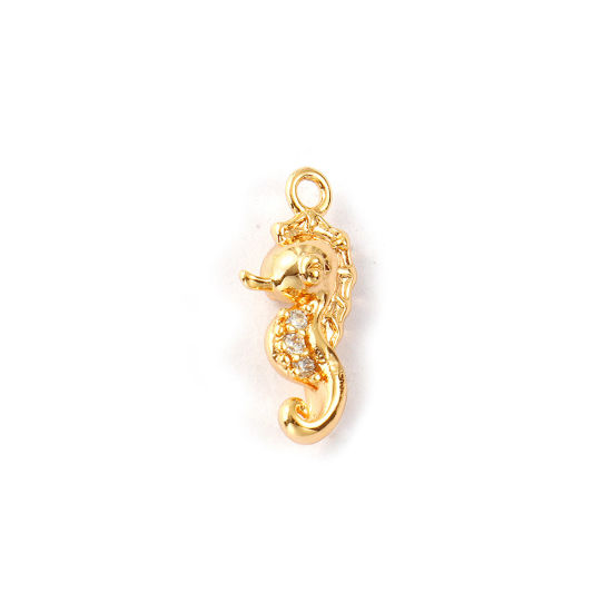 Изображение 2 PCs Eco-friendly Brass Ocean Jewelry Charms 18K Real Gold Plated Seahorse Animal 3D Clear Cubic Zirconia 16mm x 7.5mm