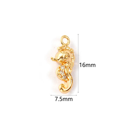 Изображение 2 PCs Eco-friendly Brass Ocean Jewelry Charms 18K Real Gold Plated Seahorse Animal 3D Clear Cubic Zirconia 16mm x 7.5mm