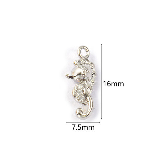 Изображение 2 PCs Eco-friendly Brass Ocean Jewelry Charms Real Platinum Plated Seahorse Animal 3D Clear Cubic Zirconia 16mm x 7.5mm