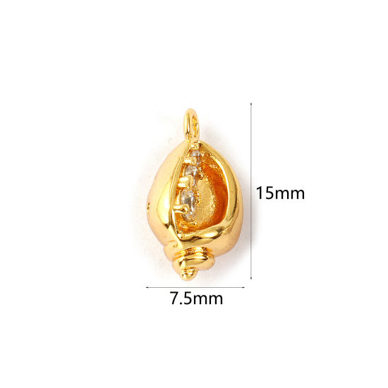 Изображение 2 PCs Eco-friendly Brass Charms 18K Real Gold Plated Conch/ Sea Snail 3D Clear Cubic Zirconia 15mm x 7.5mm