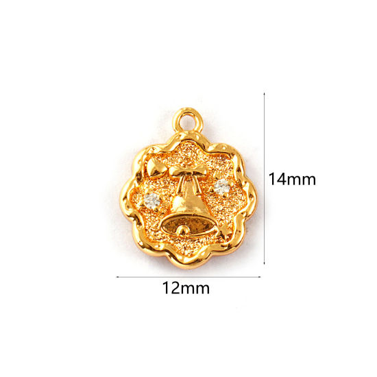 Immagine di 2 PCs Eco-friendly Brass Charms 18K Real Gold Plated Flower Christmas Jingle Bell Double Sided Clear Cubic Zirconia 14mm x 12mm