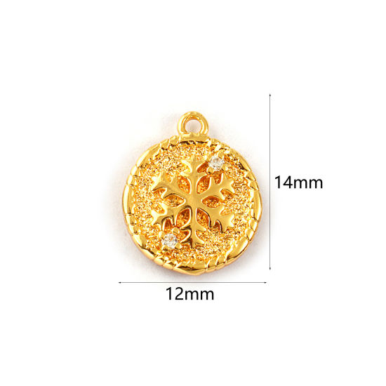 Immagine di 2 PCs Eco-friendly Brass Charms 18K Real Gold Plated Round Disc Christmas Snowflake Double Sided Clear Cubic Zirconia 14mm x 12mm