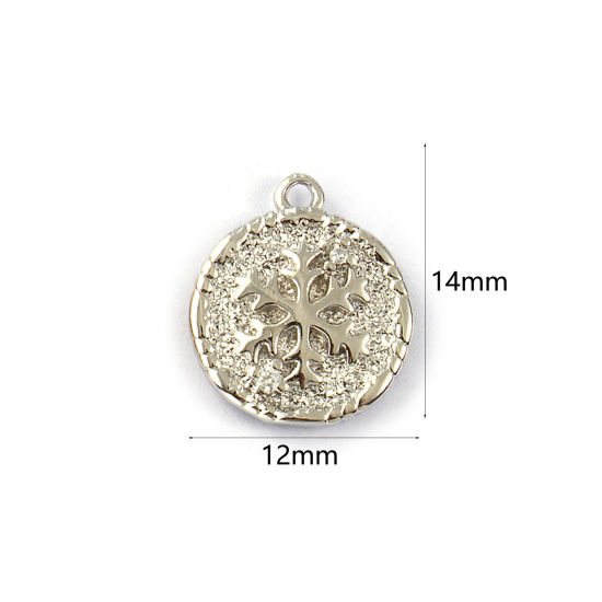 Immagine di 2 PCs Eco-friendly Brass Charms Real Platinum Plated Round Disc Christmas Snowflake Double Sided Clear Cubic Zirconia 14mm x 12mm