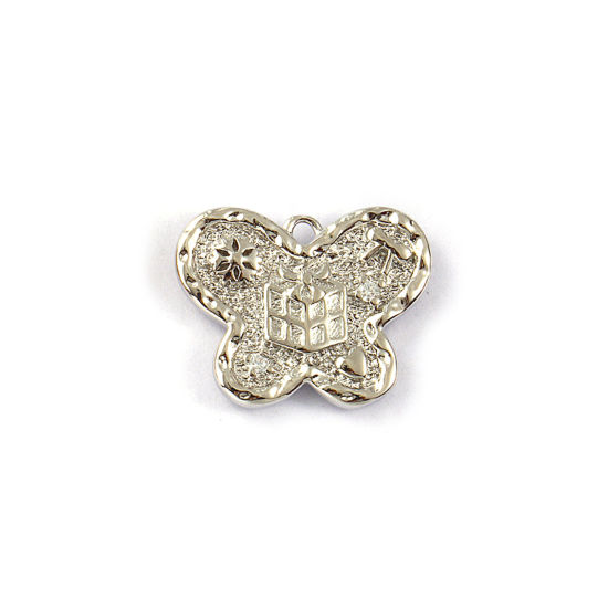Immagine di 2 PCs Eco-friendly Brass Christmas Charms Real Platinum Plated Butterfly Animal Gift Box Double Sided Clear Cubic Zirconia 18mm x 14mm