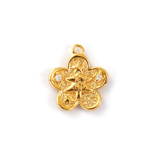 Immagine di 2 PCs Eco-friendly Brass Charms 18K Real Gold Plated Flower Christmas Tree Double Sided Clear Cubic Zirconia 14mm x 12mm