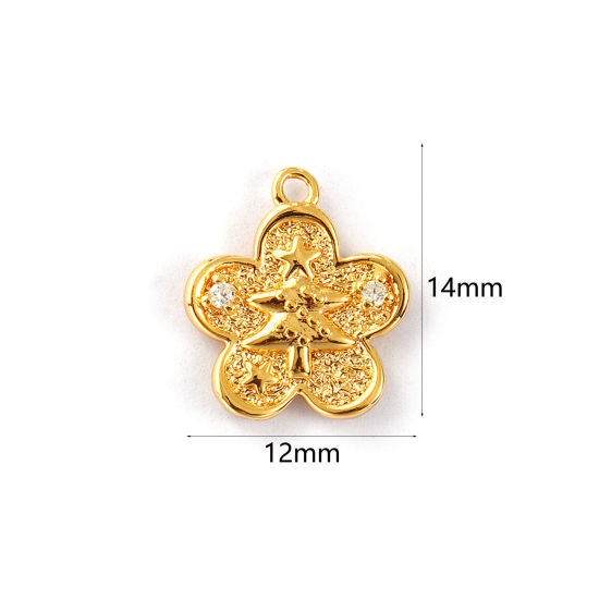 Immagine di 2 PCs Eco-friendly Brass Charms 18K Real Gold Plated Flower Christmas Tree Double Sided Clear Cubic Zirconia 14mm x 12mm
