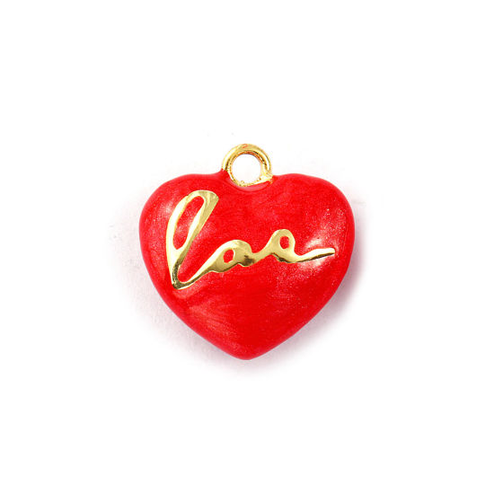 Immagine di 2 PCs Eco-friendly Brass Valentine's Day Charms 18K Real Gold Plated Red Enamel Heart Message " LOVE " Pearlized 21mm x 21mm