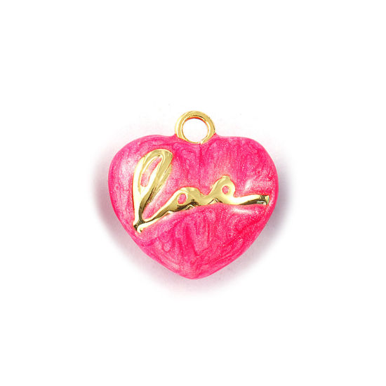 Immagine di 2 PCs Eco-friendly Brass Valentine's Day Charms 18K Real Gold Plated Fuchsia Enamel Heart Message " LOVE " Pearlized 21mm x 21mm