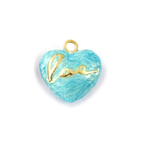 Immagine di 2 PCs Eco-friendly Brass Valentine's Day Charms 18K Real Gold Plated Blue Enamel Heart Message " LOVE " Pearlized 21mm x 21mm