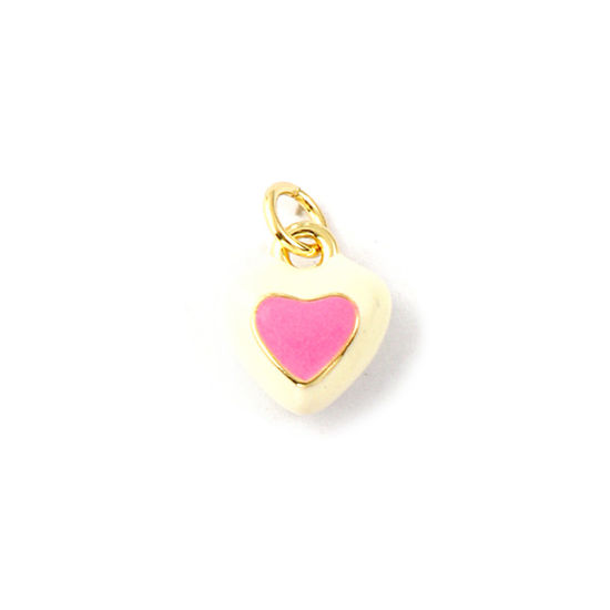 2 PCs Eco-friendly Brass Valentine's Day Charms 18K Real Gold Plated Pink Enamel Heart 14mm x 10mm の画像