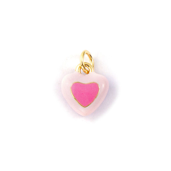 2 PCs Eco-friendly Brass Valentine's Day Charms 18K Real Gold Plated Pink Enamel Heart 14mm x 10mm の画像