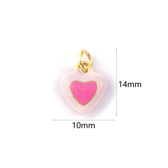 2 PCs Eco-friendly Brass Valentine's Day Charms 18K Real Gold Plated Pink Enamel Heart 14mm x 10mm の画像