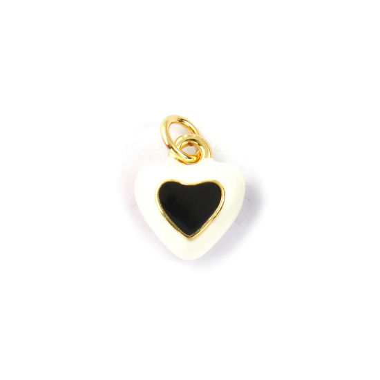 2 PCs Eco-friendly Brass Valentine's Day Charms 18K Real Gold Plated Black Enamel Heart 14mm x 10mm の画像