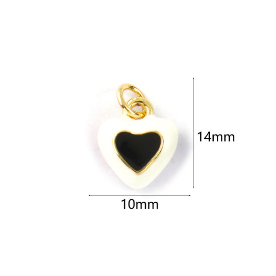 2 PCs Eco-friendly Brass Valentine's Day Charms 18K Real Gold Plated Black Enamel Heart 14mm x 10mm の画像