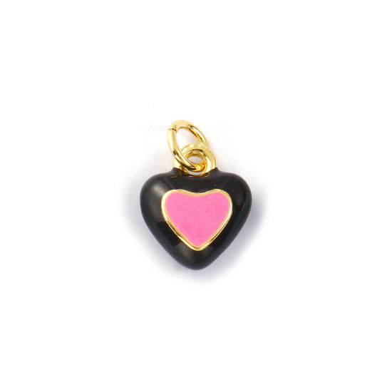 2 PCs Eco-friendly Brass Valentine's Day Charms 18K Real Gold Plated Pink Enamel Heart 14mm x 10mm の画像