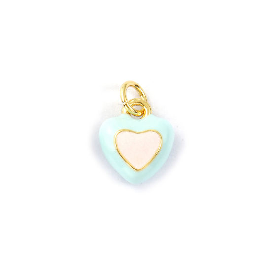 2 PCs Eco-friendly Brass Valentine's Day Charms 18K Real Gold Plated Light Blue Enamel Heart 14mm x 10mm の画像