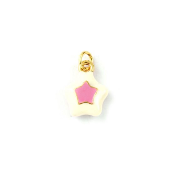 2 PCs Eco-friendly Brass Galaxy Charms 18K Real Gold Plated Pink Enamel Pentagram Star 18mm x 11.5mm の画像