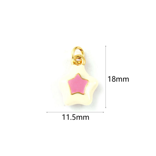 2 PCs Eco-friendly Brass Galaxy Charms 18K Real Gold Plated Pink Enamel Pentagram Star 18mm x 11.5mm の画像