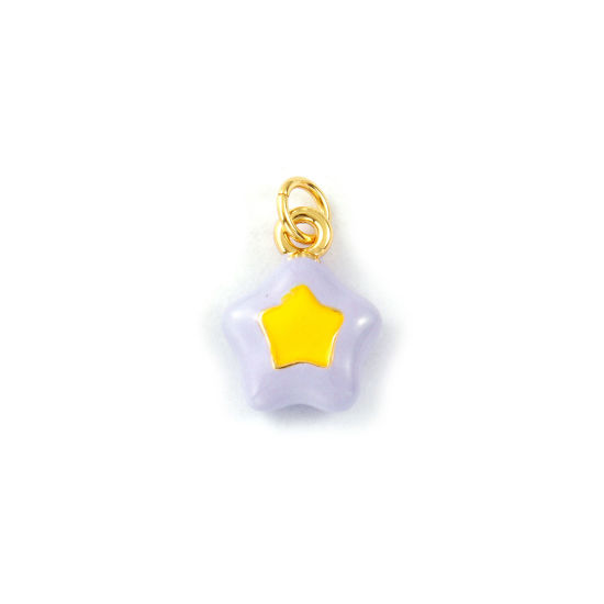 2 PCs Eco-friendly Brass Galaxy Charms 18K Real Gold Plated Purple Enamel Pentagram Star 18mm x 11.5mm の画像