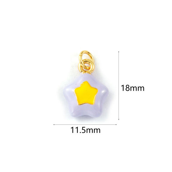 2 PCs Eco-friendly Brass Galaxy Charms 18K Real Gold Plated Purple Enamel Pentagram Star 18mm x 11.5mm の画像