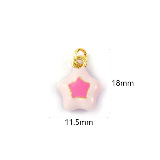 2 PCs Eco-friendly Brass Galaxy Charms 18K Real Gold Plated Pink Enamel Pentagram Star 18mm x 11.5mm の画像