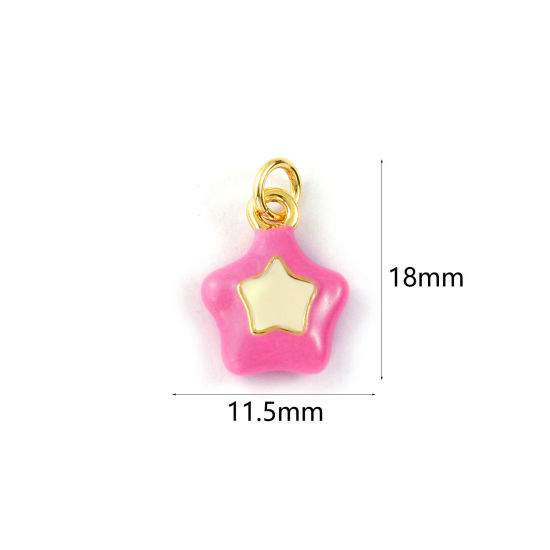 2 PCs Eco-friendly Brass Galaxy Charms 18K Real Gold Plated Pink Enamel Pentagram Star 18mm x 11.5mm の画像