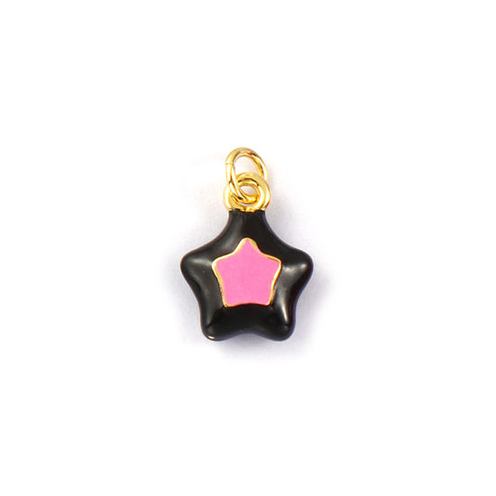 2 PCs Eco-friendly Brass Galaxy Charms 18K Real Gold Plated Pink Enamel Pentagram Star 18mm x 11.5mm の画像