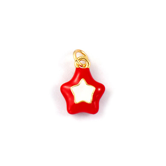 2 PCs Eco-friendly Brass Galaxy Charms 18K Real Gold Plated Red Enamel Pentagram Star 18mm x 11.5mm の画像