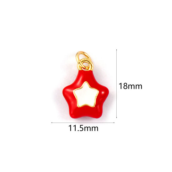 2 PCs Eco-friendly Brass Galaxy Charms 18K Real Gold Plated Red Enamel Pentagram Star 18mm x 11.5mm の画像