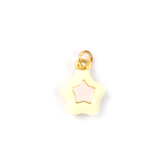 2 PCs Eco-friendly Brass Galaxy Charms 18K Real Gold Plated Beige Enamel Pentagram Star 18mm x 11.5mm の画像