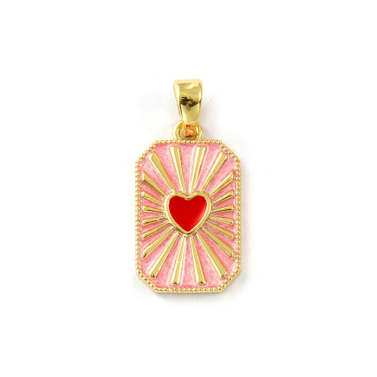 Изображение 2 PCs Eco-friendly Brass Valentine's Day Pendants 18K Real Gold Plated Pink Enamel Octagon Heart Pearlized 3cm x 1.4cm