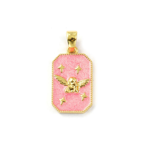 Изображение 2 PCs Eco-friendly Brass Religious Pendants 18K Real Gold Plated Pink Enamel Octagon Angel Pearlized 3cm x 1.4cm