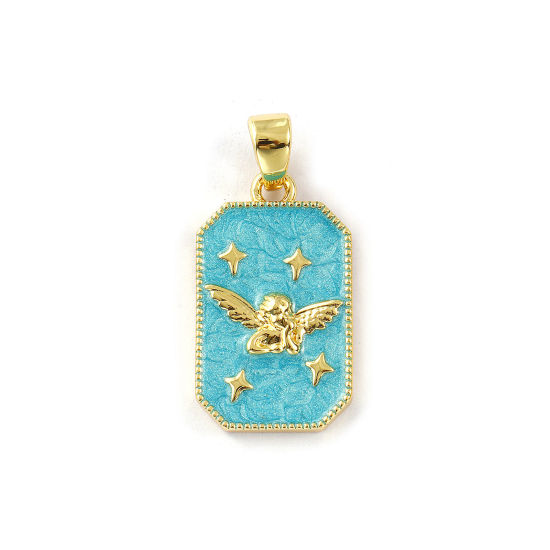 Изображение 2 PCs Eco-friendly Brass Religious Pendants 18K Real Gold Plated Light Blue Enamel Octagon Angel Pearlized 3cm x 1.4cm