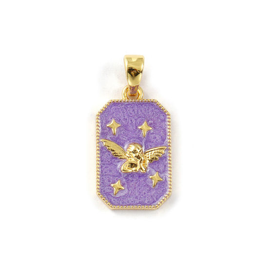 Изображение 2 PCs Eco-friendly Brass Religious Pendants 18K Real Gold Plated Purple Enamel Octagon Angel Pearlized 3cm x 1.4cm