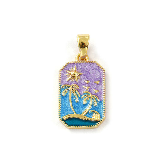 Image de 2 PCs Eco-friendly Brass Flora Collection Pendants 18K Real Gold Plated Multicolor Enamel Octagon Coconut Palm Tree Pearlized 3cm x 1.4cm