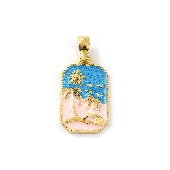 Image de 2 PCs Eco-friendly Brass Flora Collection Pendants 18K Real Gold Plated Light Pink Enamel Octagon Coconut Palm Tree Pearlized 3cm x 1.4cm
