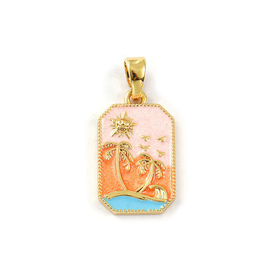 Image de 2 PCs Eco-friendly Brass Flora Collection Pendants 18K Real Gold Plated Multicolor Enamel Octagon Coconut Palm Tree Pearlized 3cm x 1.4cm