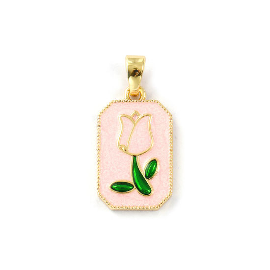 Image de 2 PCs Eco-friendly Brass Flora Collection Pendants 18K Real Gold Plated Light Pink Enamel Octagon Tulip Flower Pearlized 3cm x 1.4cm