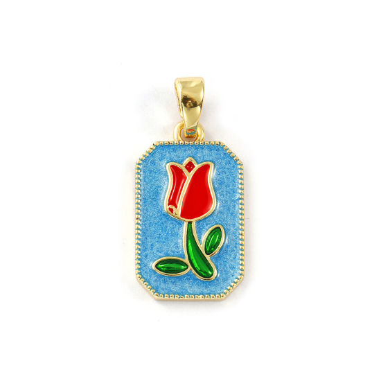 Image de 2 PCs Eco-friendly Brass Flora Collection Pendants 18K Real Gold Plated Multicolor Enamel Octagon Tulip Flower Pearlized 3cm x 1.4cm