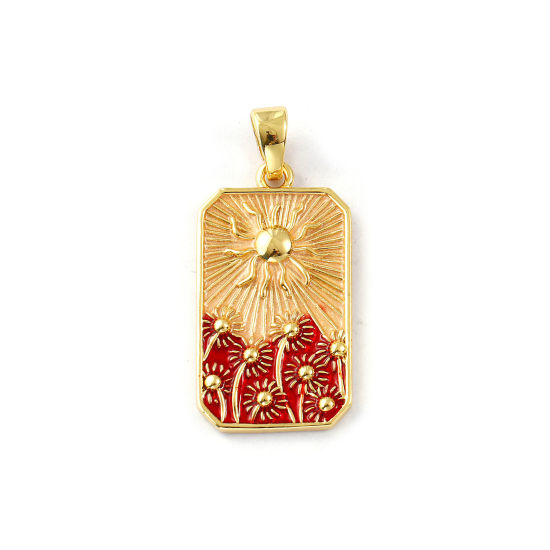 Изображение 1 Piece Eco-friendly Brass Flora Collection Pendants 18K Real Gold Plated Red Enamel Octagon Sunflower 3.5cm x 1.6cm