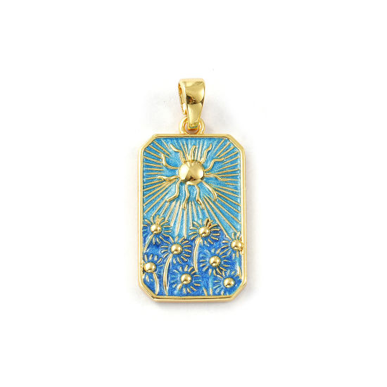 Изображение 1 Piece Eco-friendly Brass Flora Collection Pendants 18K Real Gold Plated Blue Enamel Octagon Sunflower 3.5cm x 1.6cm