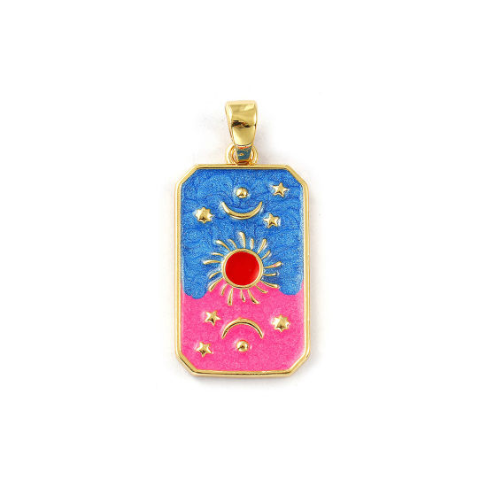 Изображение 1 Piece Eco-friendly Brass Galaxy Pendants 18K Real Gold Plated Fuchsia Enamel Octagon Sun & Moon Pearlized 3.5cm x 1.6cm