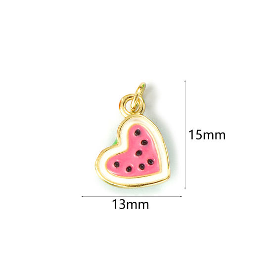 Изображение 1 Piece Eco-friendly Brass Flora Collection Charms 18K Real Gold Plated Pink Enamel Heart Watermelon Fruit 3D 15mm x 13mm