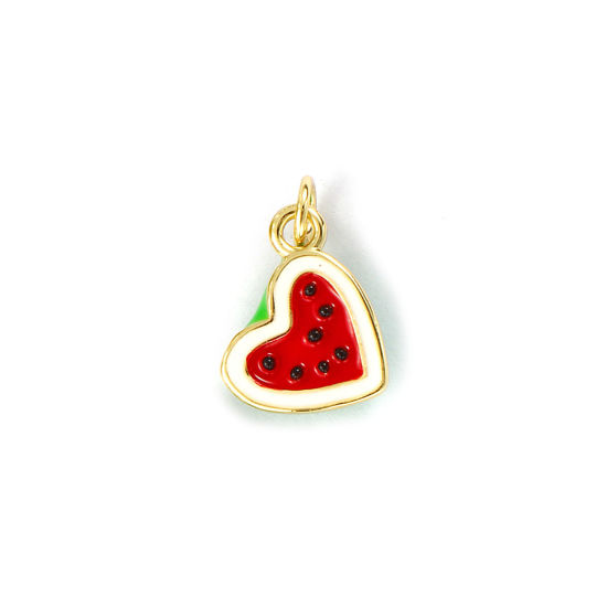Изображение 1 Piece Eco-friendly Brass Flora Collection Charms 18K Real Gold Plated Red Enamel Heart Watermelon Fruit 3D 15mm x 13mm