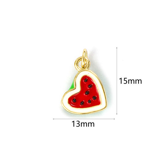 Изображение 1 Piece Eco-friendly Brass Flora Collection Charms 18K Real Gold Plated Red Enamel Heart Watermelon Fruit 3D 15mm x 13mm
