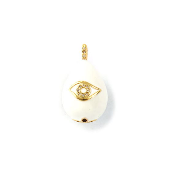 Image de 1 Piece Eco-friendly Brass Charms 18K Real Gold Plated White Enamel Drop Eye 3D Clear Cubic Zirconia 26mm x 15mm