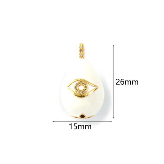 Image de 1 Piece Eco-friendly Brass Charms 18K Real Gold Plated White Enamel Drop Eye 3D Clear Cubic Zirconia 26mm x 15mm